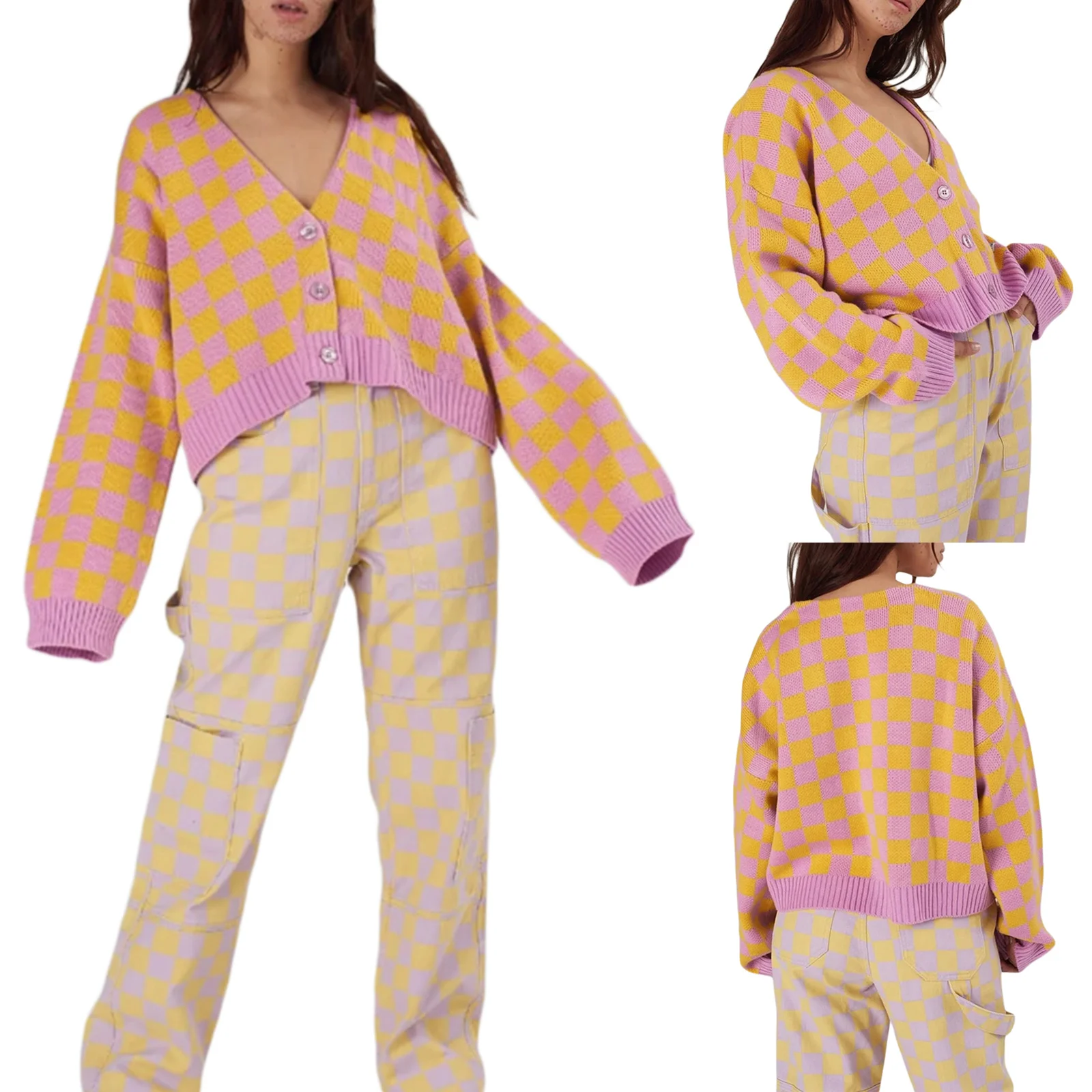 

Women Knitted Cardigan, Splicing Checked V-Neck Long Sleeves Button-Open Knit Coat for Girls, Yellow Purple