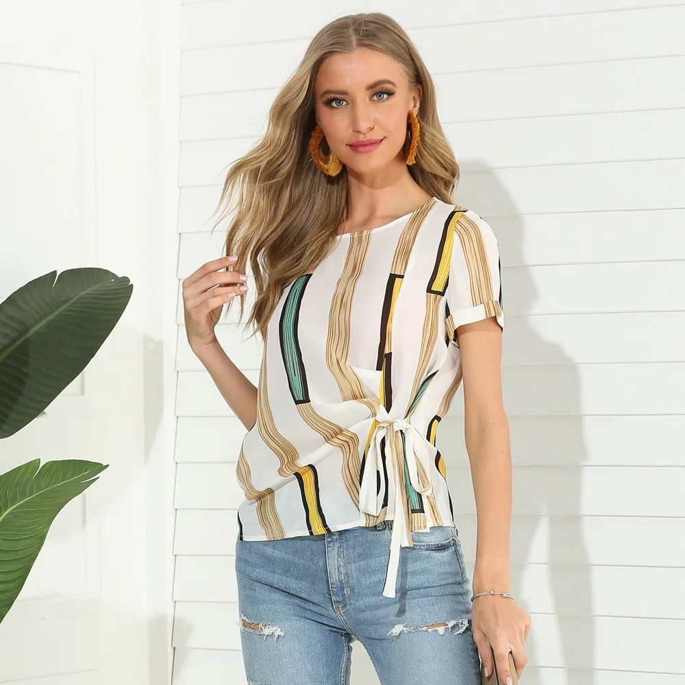Summer 2021 O-neck Striped Woman Tshirts Feminina Loose Waist Graphic Tee Vintage Bandage Short Sleeve Shirts for Women Pullover 
Summer 2021 O-neck Striped Woman Tshirts Feminina Loose Waist Graphic Tee Vintage Bandage Short Sleeve Shirts for Women Pullover