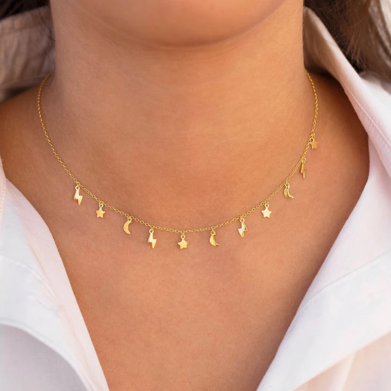 925 Sterling Silver Stars and Moon Chain Choker Necklace for Women Minimalist Lightning Clavicle Chain Fashion Jewelry Gifts
925 Sterling Silver Stars and Moon Chain Choker Necklace for Women Minimalist Lightning Clavicle Chain Fashion Jewelry Gifts