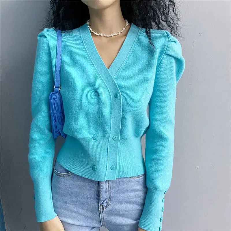 New French retro sapphire blue V-neck women's sweater Puff sleeve double-breasted sweater, cardigan, ladies top
New French retro sapphire blue V-neck women's sweater Puff sleeve double-breasted sweater, cardigan, ladies top