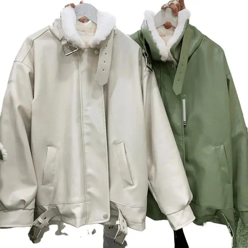 Fashion Motorcycle Wear PU Leather Short Jacket Women Winter 2021 New Korean Loose Lamb Wool White Leather Jacket
Fashion Motorcycle Wear PU Leather Short Jacket Women Winter 2021 New Korean Loose Lamb Wool White Leather Jacket