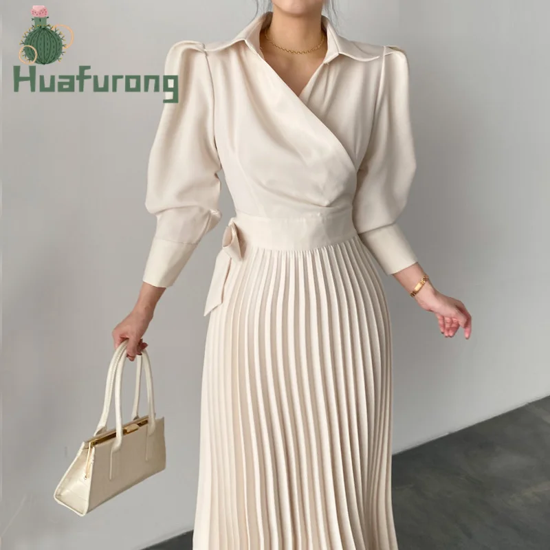 2021 Autumn Chic French Style Elegant Dress Lapel Side Bow Tie Belt Waist Slimming Puff Sleeve Pleated Dress Women 
2021 Autumn Chic French Style Elegant Dress Lapel Side Bow Tie Belt Waist Slimming Puff Sleeve Pleated Dress Women