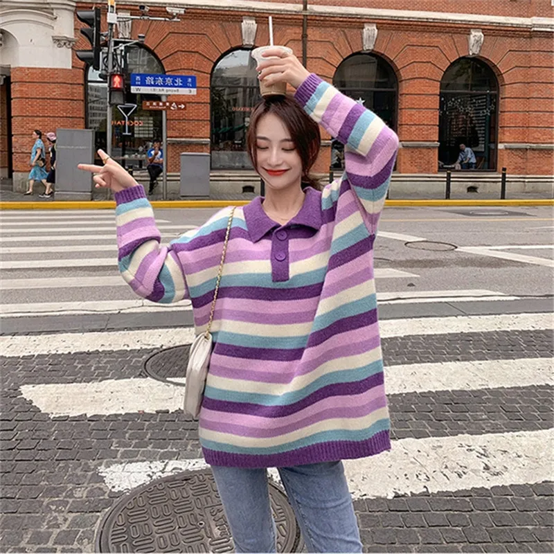 2020 Autumn And Winter New Striped Sweater Women's Pullover Loose Fashion Lazy Style Outer Wear Sweet Polo Neck Sweater Top C372
2020 Autumn And Winter New Striped Sweater Women's Pullover Loose Fashion Lazy Style Outer Wear Sweet Polo Neck Sweater Top C372