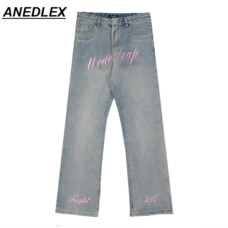 

Уличные мужские и женские прямые джинсовые брюки в стиле хип-хоп с вышитыми надписями, модель 2021 года, свободные брюки большого размера в ст...