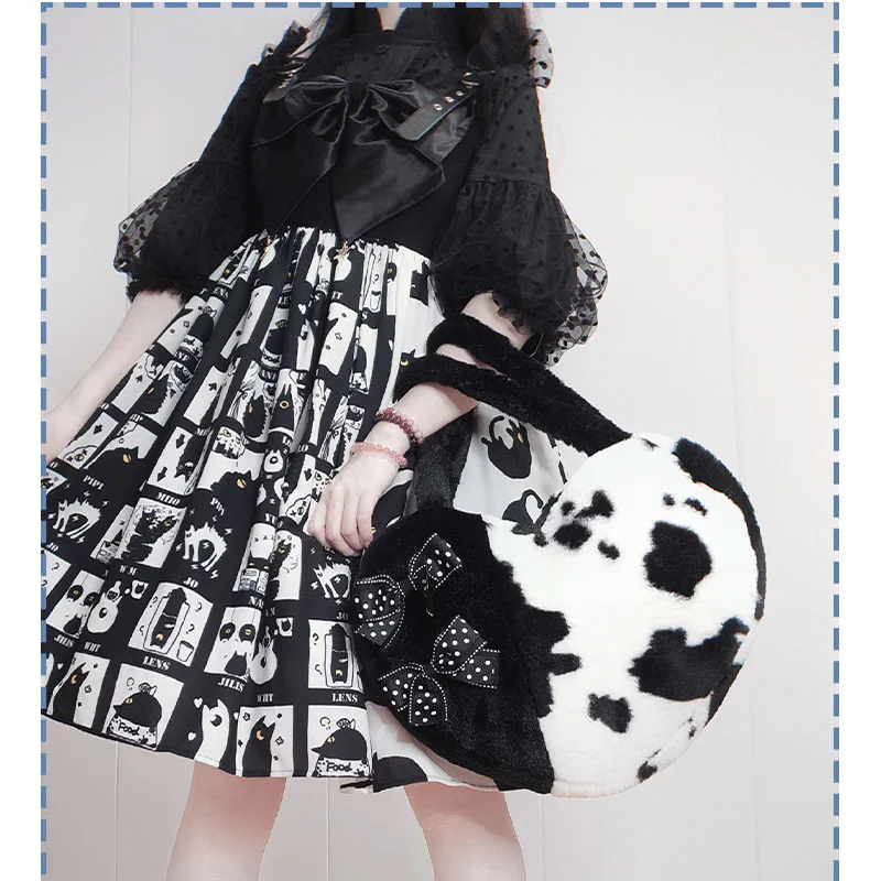 White Black Cow Plush Bag Large Love Handbag Lolita Harajuku Cute Bag for Kawaii Girls Bow Decoration
White Black Cow Plush Bag Large Love Handbag Lolita Harajuku Cute Bag for Kawaii Girls Bow Decoration