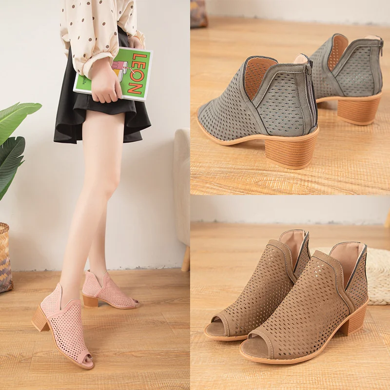 New large fish mouth hollow sandals women's thick heel mesh back zipper high heel women's sandals
New large fish mouth hollow sandals women's thick heel mesh back zipper high heel women's sandals