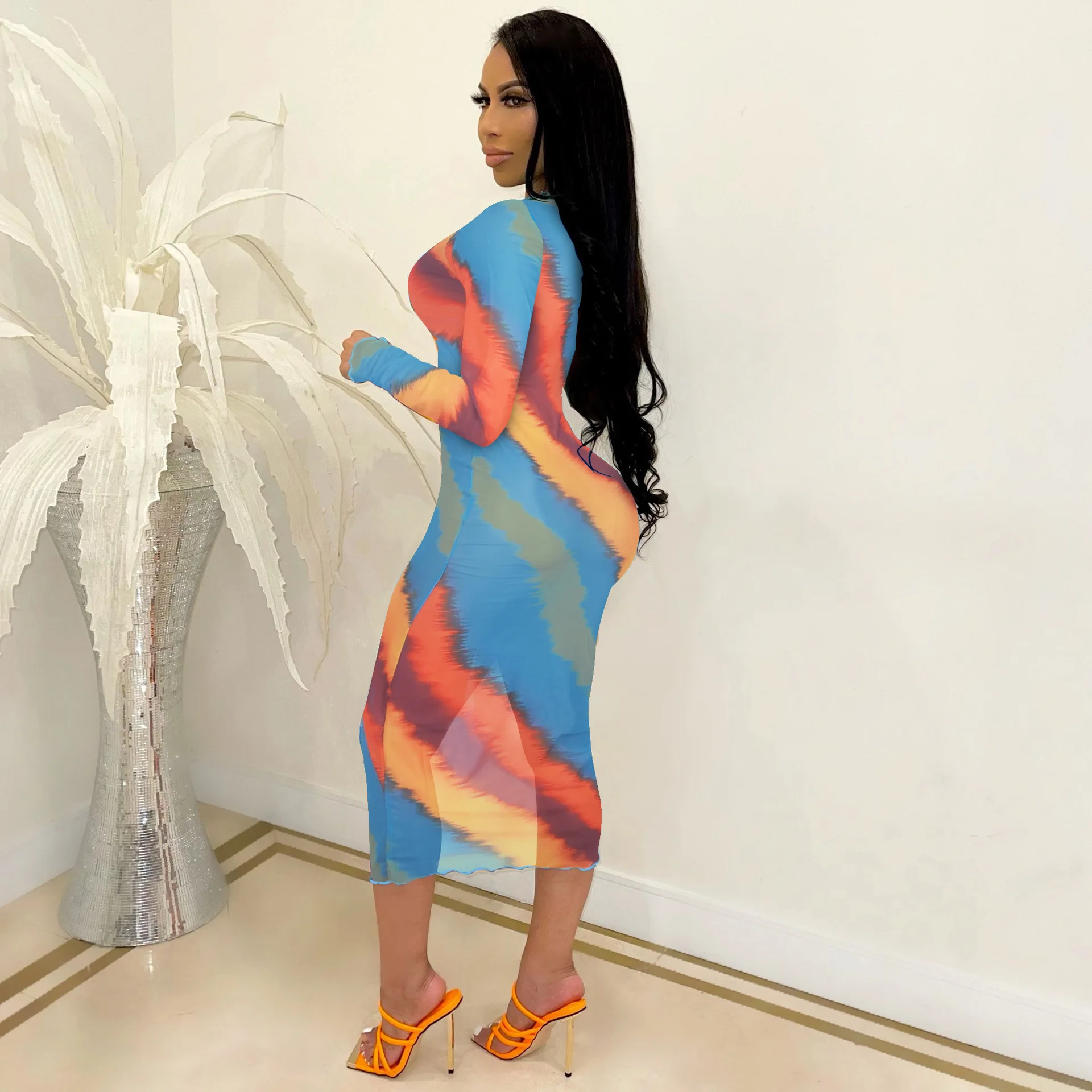 2021 Fashion Net Yarn Dress Printed Dress Fashion Sexy Women's Hem Dress