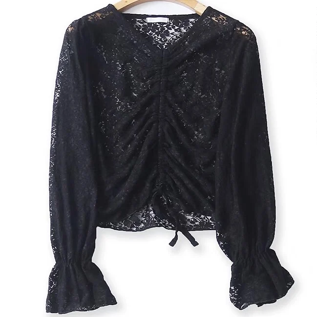 Pleated Lace Long Sleeve Shirt spring new girl V-neck lace up hook flower hollow out fresh sweet fashion
Pleated Lace Long Sleeve Shirt spring new girl V-neck lace up hook flower hollow out fresh sweet fashion