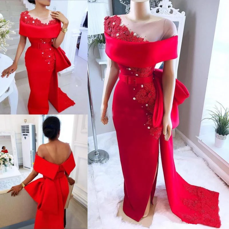 Saudi Arabic Red Prom Dresses With Sheer Neck Bow Train Beaded Mermaid Evening Gowns Satin Side Split African Formal Party Dress
Saudi Arabic Red Prom Dresses With Sheer Neck Bow Train Beaded Mermaid Evening Gowns Satin Side Split African Formal Party Dress