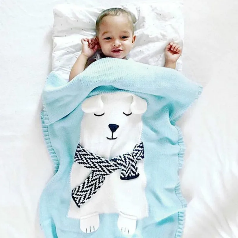 Baby Blanket Swaddle Polar Bear Knitted blankets Cartoon Animal Bedding Quilt Play Mat Sleeping Bag Photography Props 80*110cm | Мать и