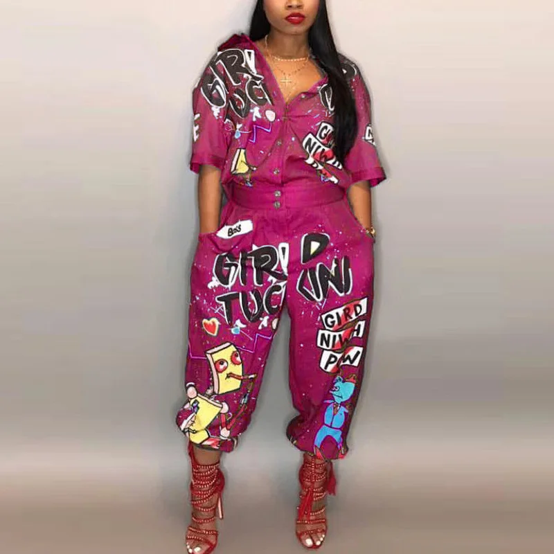Fashion Women Turn down Collar Short Sleeve Loose Jumpsuit Single Button Letters Print One Piece Romper Streetwear
Fashion Women Turn down Collar Short Sleeve Loose Jumpsuit Single Button Letters Print One Piece Romper Streetwear