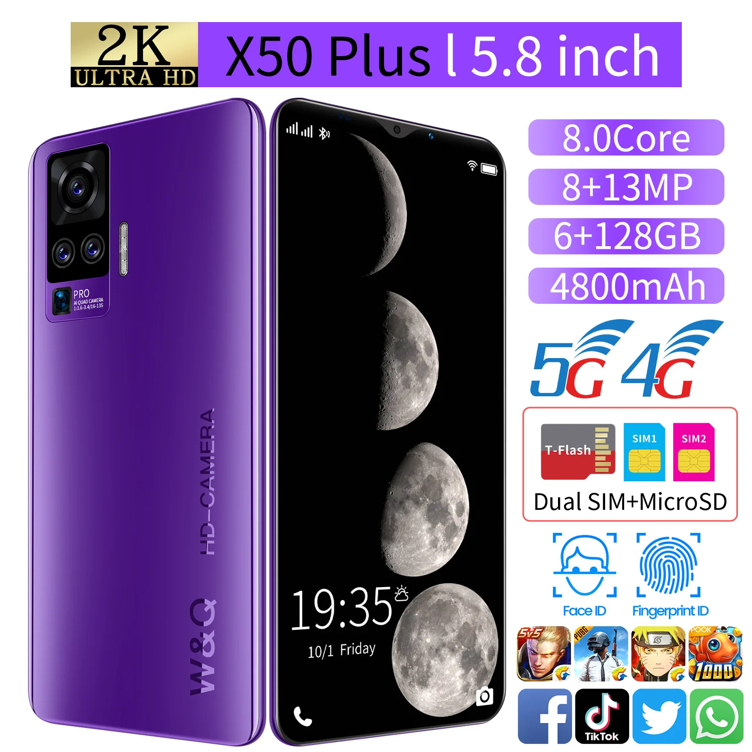 New Cheap Smart phone Galxy X50 Plus 5.8 Inch 4+64GB 4800mAh Andriod 10 Fingerprint ID Cellphones 8 Core 128GB Celular Purple
New Cheap Smart phone Galxy X50 Plus 5.8 Inch 4+64GB 4800mAh Andriod 10 Fingerprint ID Cellphones 8 Core 128GB Celular Purple