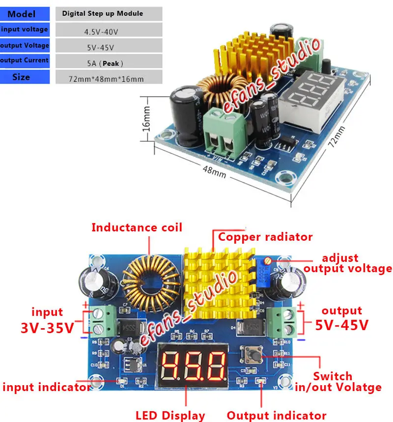 XL6019 5A DC 3-35V To 5V 6V 9V 12V 24V 36V 45V DC-DC Step Up Power Module Boost Volt Converter with LED Display
XL6019 5A DC 3-35V To 5V 6V 9V 12V 24V 36V 45V DC-DC Step Up Power Module Boost Volt Converter with LED Display