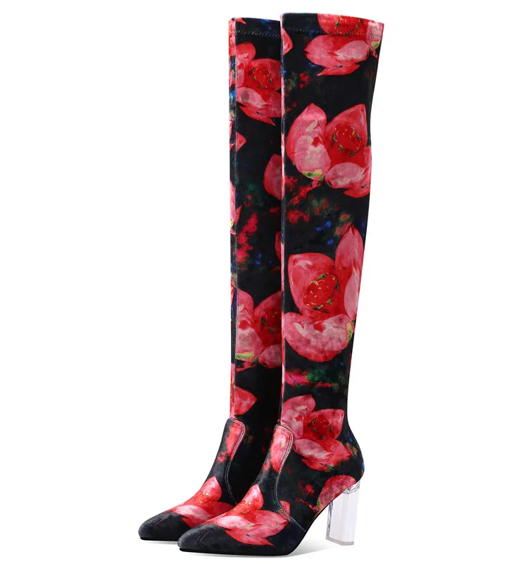

2020 New Thigh High Women Boots Over-The-Knee Printing Flower Slim Thin Soft Shoes Autumn Winter Warm Sexy Boots Thick Heel 9cm