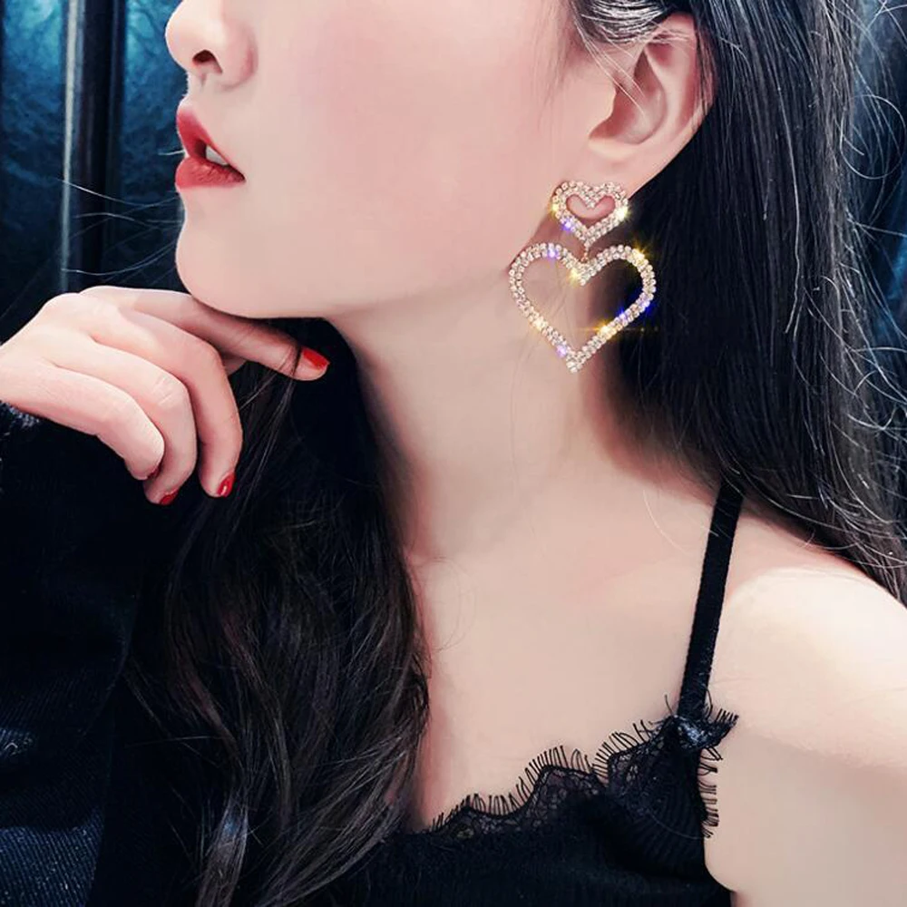 

SUMENG 2022 New Fashion Women Exaggerated Crystal Double Heart Earrings Contracted Joker Long Drop Earrings Jewelry Accessories