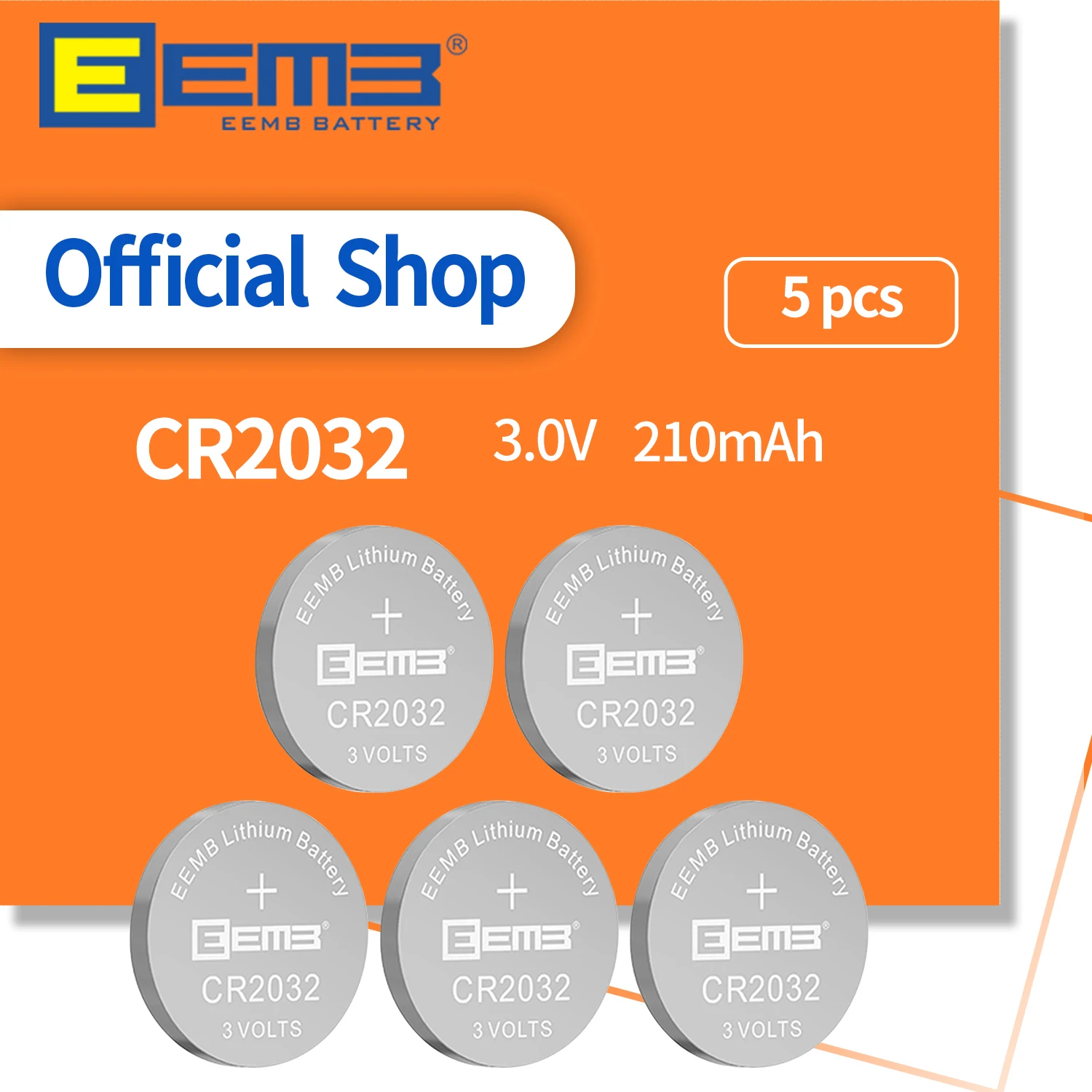

EEMB 5PCS CR2032 Button Battery 3V Lithium Battery CR 2032 210mAh Coin Cell Batteries for Watch Toys Car Key Pedometer Scales