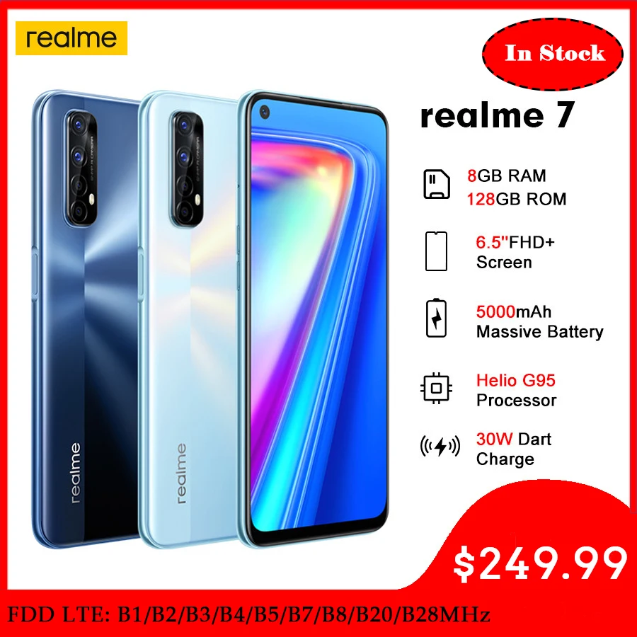 

(RMX2155) Realme 7 Mobile Phone NFC Smartphone Helio G95 Octa Core 6.5''FHD 8GB -128GB 48MP Quad Cams 30W Dart Charge 5000mAh