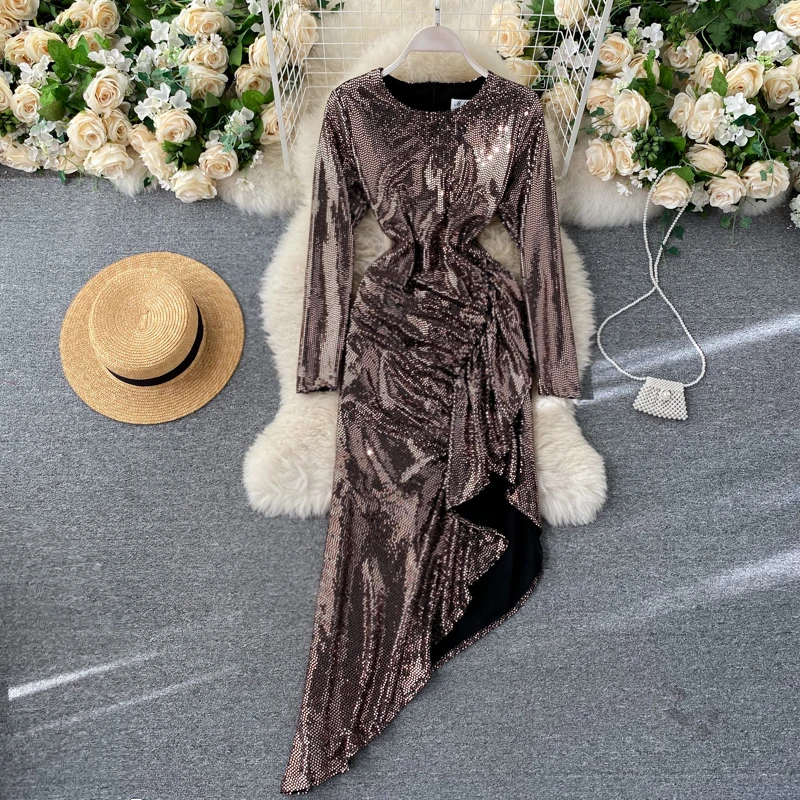 Women Party Sequined Dress Korean Solid O Neck Long Sleeve A Line Dress Autumn Fashion Asymmetrical Ruffle Dress DZA368
Women Party Sequined Dress Korean Solid O Neck Long Sleeve A Line Dress Autumn Fashion Asymmetrical Ruffle Dress DZA368