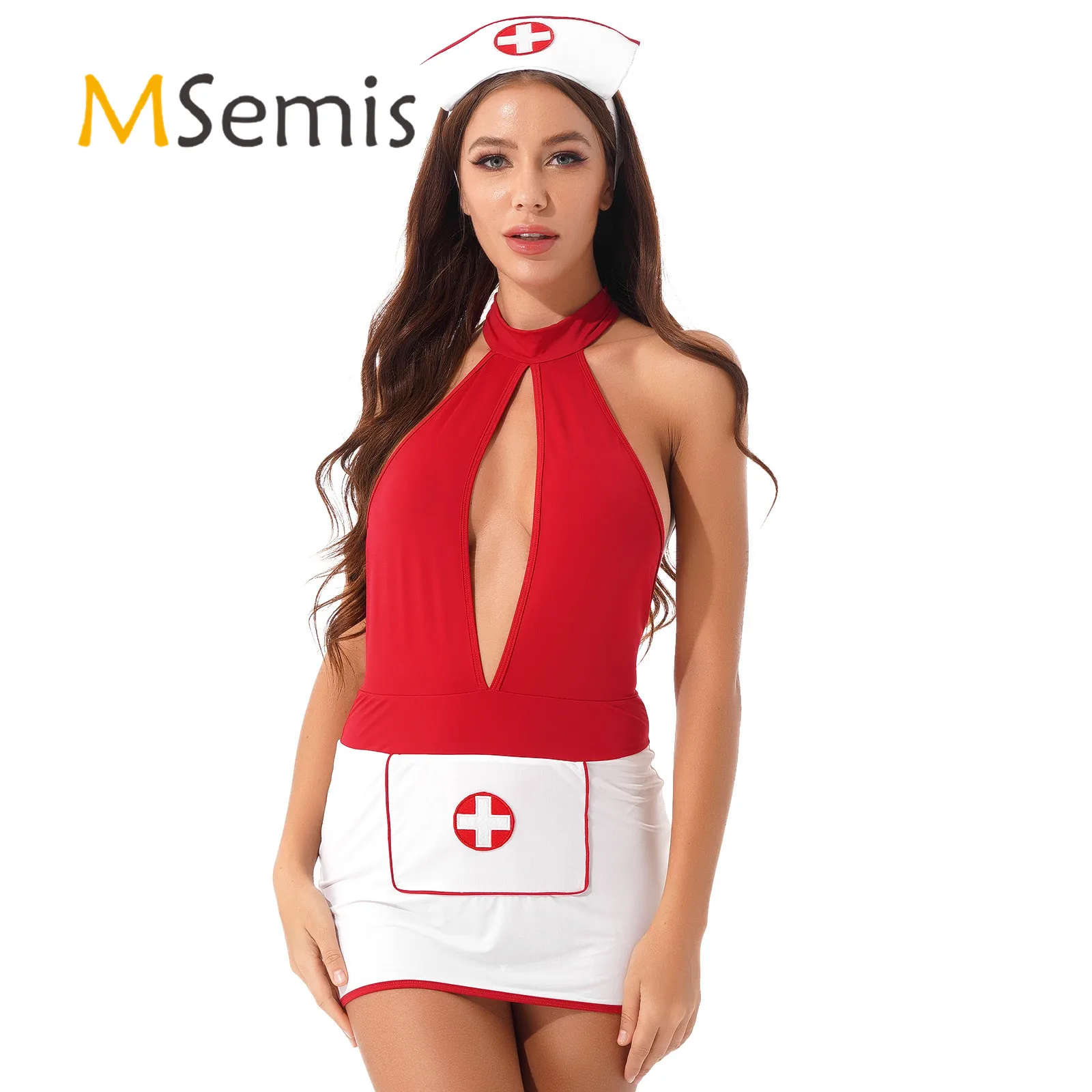 Womens Nurse Uniform Cosplay Costume with Headband Halter Neck Hollow Backless Slim Fit Mini Dress for Halloween Sexy Roleplay 
Womens Nurse Uniform Cosplay Costume with Headband Halter Neck Hollow Backless Slim Fit Mini Dress for Halloween Sexy Roleplay