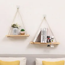 Decorative Shelves Premium Wood Swing Hanging Rope Wall Mounted Floating Shelves Plant Flower Pot Tray Nordic Home Decoration