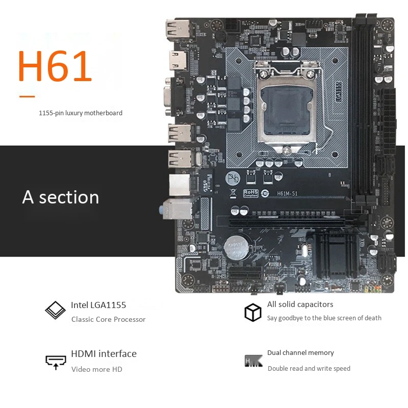 H61-LGA 1155 Pin All-Solid Capacitor Motherboard Core I5 DDR3 8G Memory Dual-Channel Computer Motherboard for Desktop
H61-LGA 1155 Pin All-Solid Capacitor Motherboard Core I5 DDR3 8G Memory Dual-Channel Computer Motherboard for Desktop