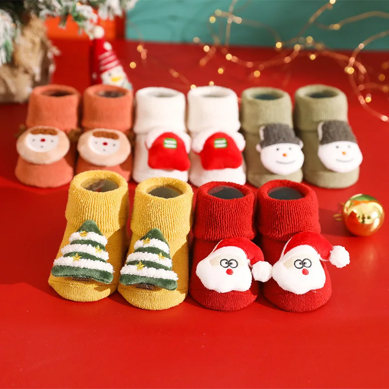 

Зимние толстые теплые махровые носки, Мультяшные носки с изображением Санта-Клауса, оленя, противоскользящие носки для пола, детские носки ...