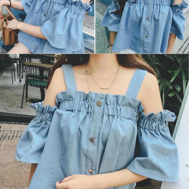 COCKCON Women Summer Shirts Blue Off Shoulder Tops Sweet Lady Short Sleeve Butterfly Sleeve Strap Camisa
COCKCON Women Summer Shirts Blue Off Shoulder Tops Sweet Lady Short Sleeve Butterfly Sleeve Strap Camisa