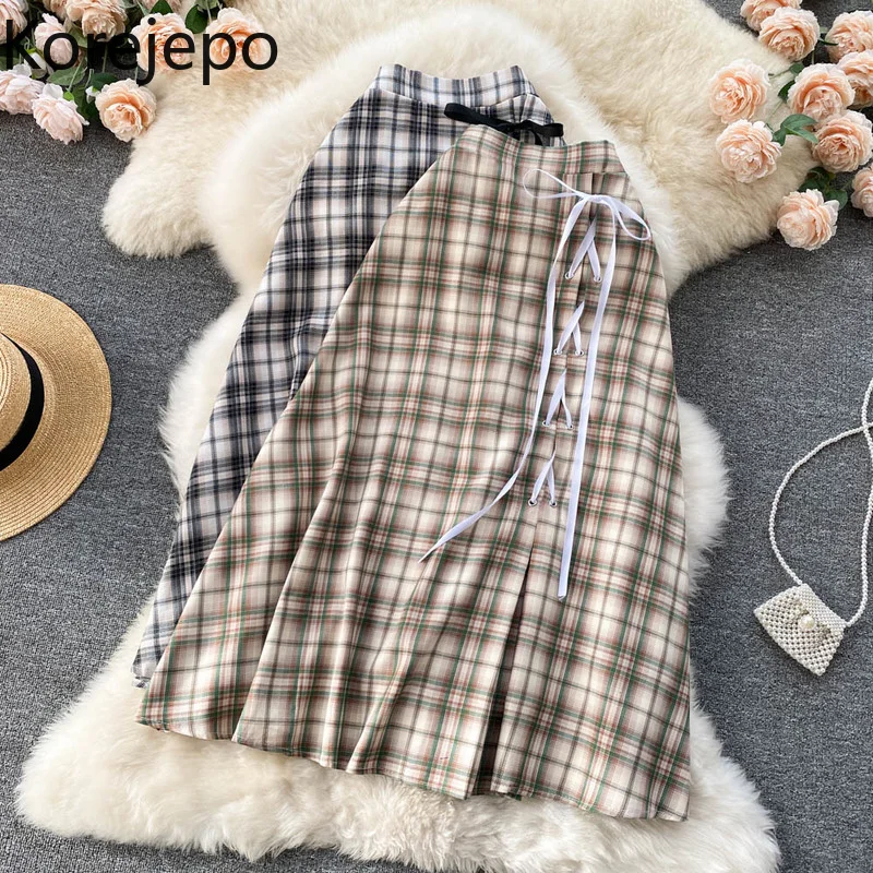 Korejepo Bandage Skirt Women's Korean Retro Chic Plaid 2021 High Waist Thin Medium Long A-line New Casual Elegant Skirts Fashion
Korejepo Bandage Skirt Women's Korean Retro Chic Plaid 2021 High Waist Thin Medium Long A-line New Casual Elegant Skirts Fashion