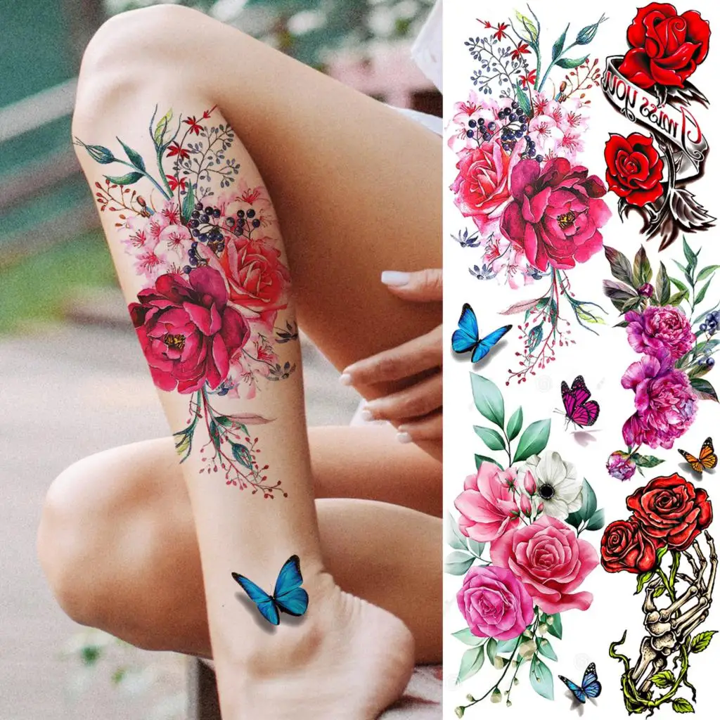 

Акварельная роза, цветок, сексуальные Временные татуировки для женщин, Бабочка, бедра, пион, искусственная татуировка на руку, боди-арт, тату, наклейка