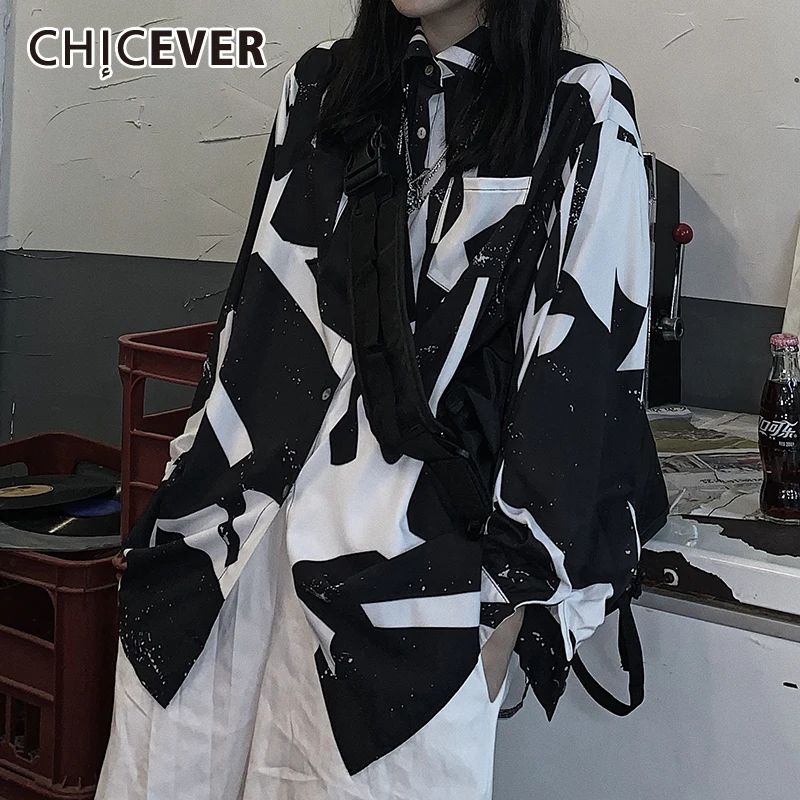 

CHICEVER Black Print Shirt For Women Lapel Collar Long Sleeve Hit Color Designer Oversize Blouses Females Fashion Clothing 2021
