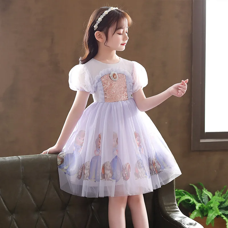 Детское кружевное платье фиолетовое летнее принцессы Эльзы с коротким рукавом -
