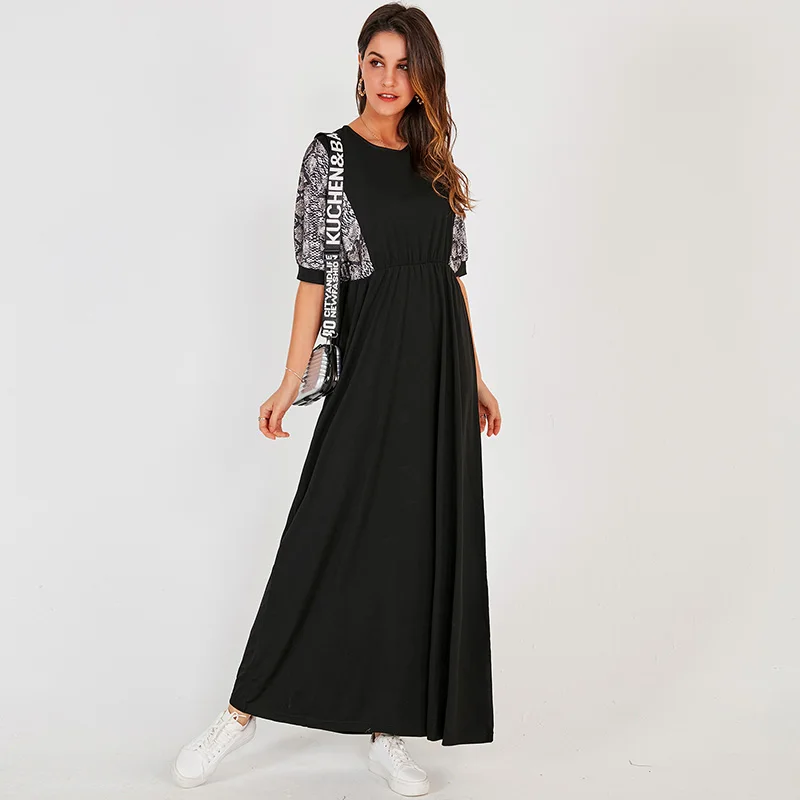 Summer New Women Long Dress 2022 Black Casual Fashion Snake Print Stitching Elastic Waist O-neck Half Sleeve Maxi Dresses Robe
Summer New Women Long Dress 2022 Black Casual Fashion Snake Print Stitching Elastic Waist O-neck Half Sleeve Maxi Dresses Robe