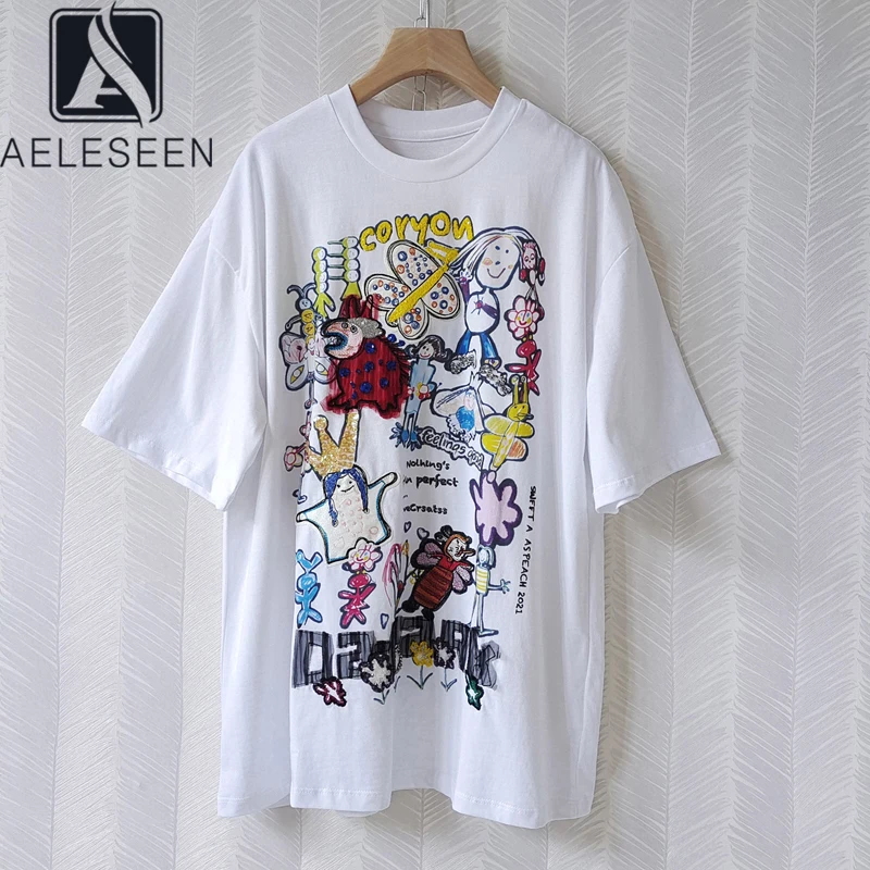 AELESEEN Loose Style Women Cotton T-Shirt Runway Fashion Black White Beading Sequined Embroidery Cartoon Print Casual Ladies Tee
AELESEEN Loose Style Women Cotton T-Shirt Runway Fashion Black White Beading Sequined Embroidery Cartoon Print Casual Ladies Tee
