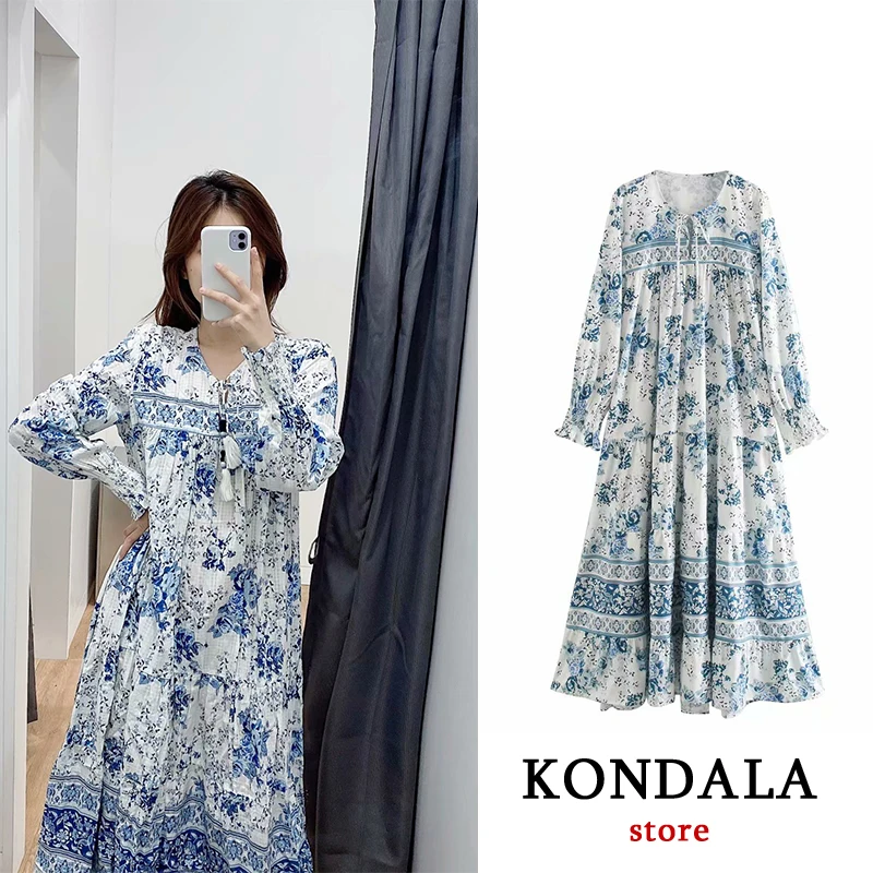 Женское платье макси KONDALA синее винтажное длинное в стиле бохо с принтом и бантом