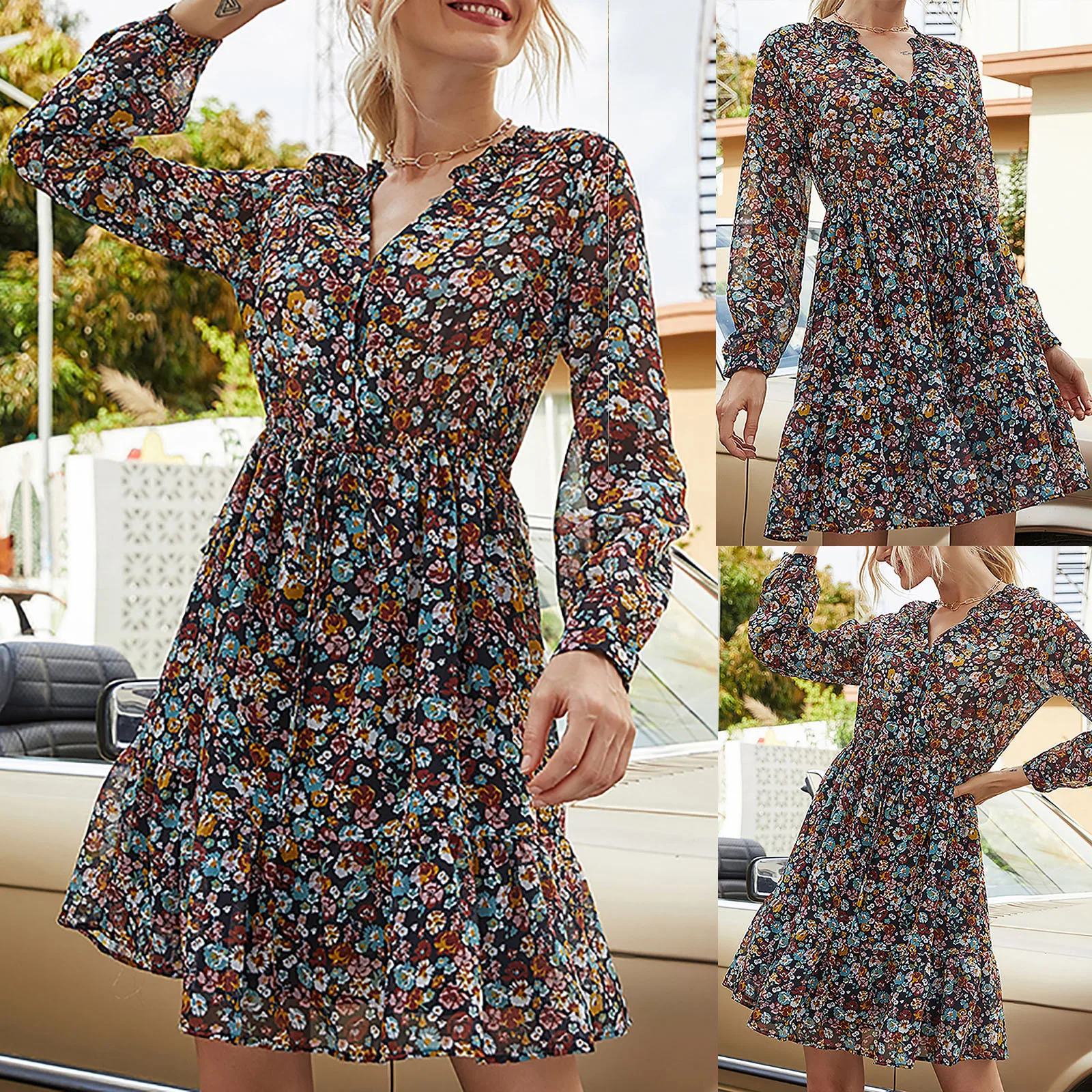 Women's Dress Printing V-neck Fashion Long Sleeve Draped Splicing Dresses Knee-length Skirt
Women's Dress Printing V-neck Fashion Long Sleeve Draped Splicing Dresses Knee-length Skirt