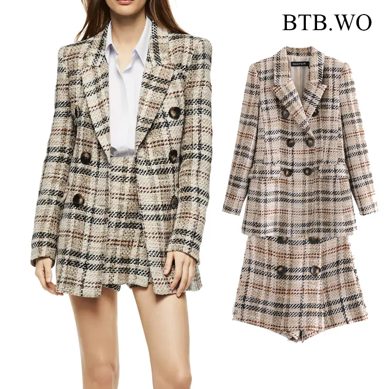 BTB.WO Za 2021 Women Vintage Plaid Metal Double-Breasted Coat Female High Wasit Suit Shorts Women Two Pieces Sets
BTB.WO Za 2021 Women Vintage Plaid Metal Double-Breasted Coat Female High Wasit Suit Shorts Women Two Pieces Sets