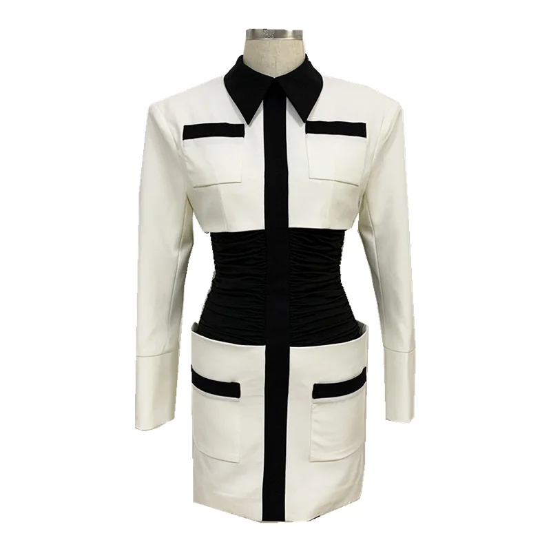 European American 2020 new star fashion style wide shoulder black and white color shirt collar air bundle waist bag hip dress
European American 2020 new star fashion style wide shoulder black and white color shirt collar air bundle waist bag hip dress