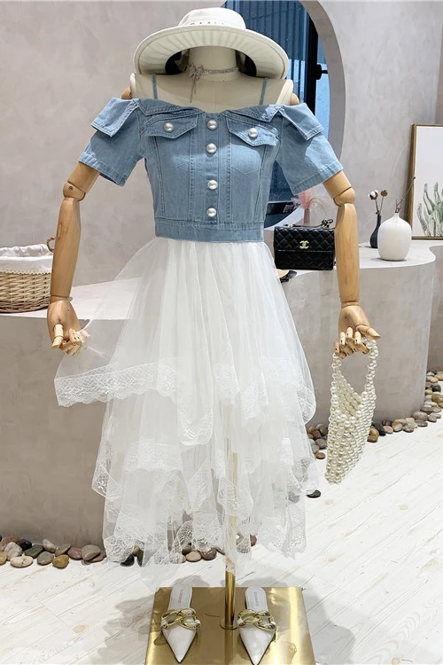 Women Korean Summer Middle Length Dress 2021 Summer Off Shoulder Short Sleeve Dress Female Denim Stitching Mesh Dress
Women Korean Summer Middle Length Dress 2021 Summer Off Shoulder Short Sleeve Dress Female Denim Stitching Mesh Dress
