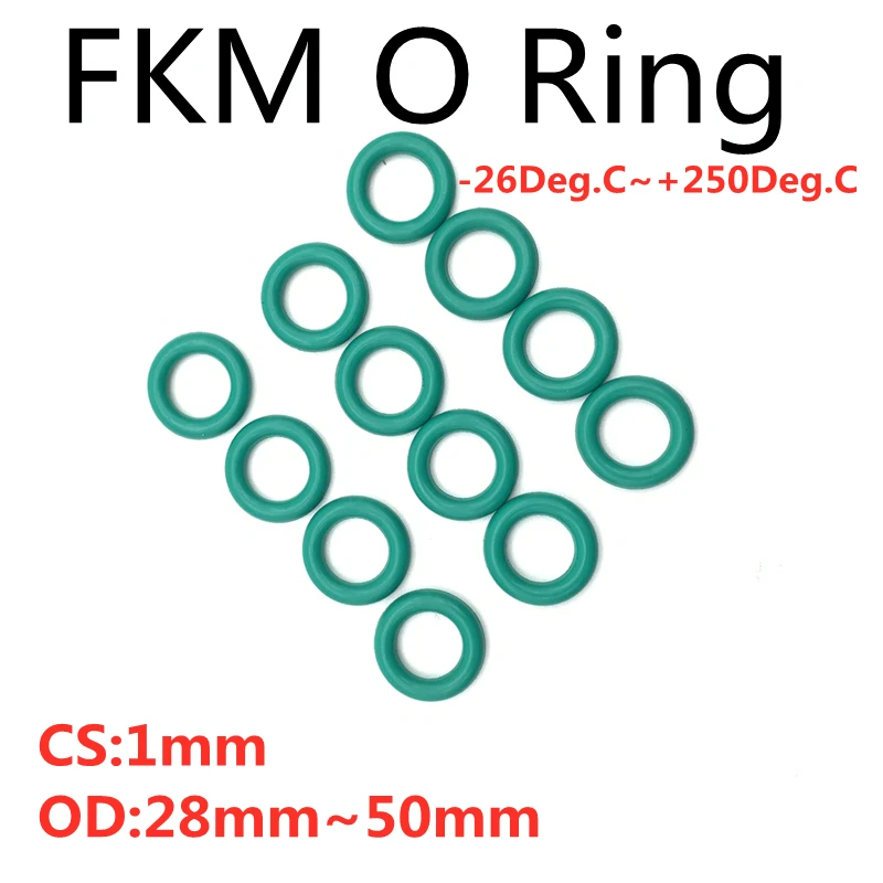 

50pcs (CS 1mm OD 28~50mm) Green FKM Fluorine Rubber O Ring Sealing Gasket Insulation Oil High Temperature Resistance Green