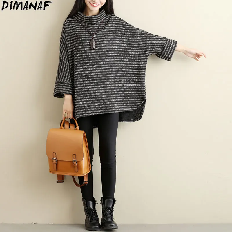 

Женская шерстяная водолазка DIMANAF, теплый вязаный пуловер в полоску с рукавом «летучая мышь», базовая кофта для осени и зимы, 2021
