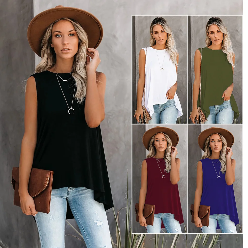 Женские Асимметричные однотонные футболки, Офисная Женская футболка без рукавов с круглым вырезом, повседневный топ для девочек, футболки, женская одежда, лето 2020