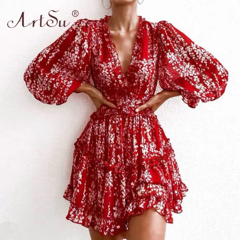 ArtSu BOHO INSPIRED Elegant Floral Print Ruffle Short Dress Women Backless V-Neck Beach Vacation Dress Ladies Party Dress Autumn
ArtSu BOHO INSPIRED Elegant Floral Print Ruffle Short Dress Women Backless V-Neck Beach Vacation Dress Ladies Party Dress Autumn