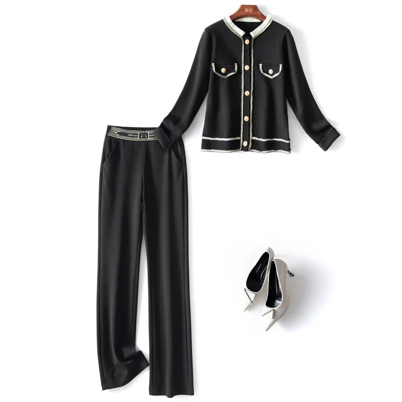 Autumn Winter 2021 Women Pant Sets Brand Designer Ruffles Knitted Sweater Cardigans + Black Trousers Suits Elegant Two Piece Set
Autumn Winter 2021 Women Pant Sets Brand Designer Ruffles Knitted Sweater Cardigans + Black Trousers Suits Elegant Two Piece Set