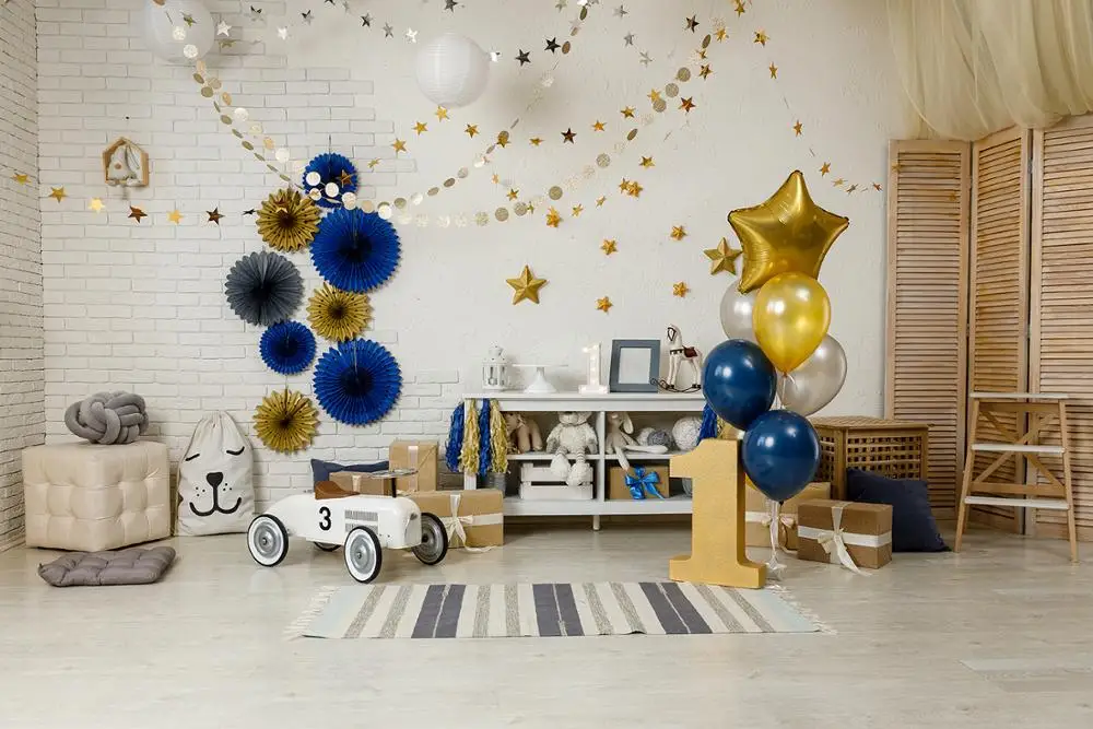 

Baby 1ST Birthday Balloons Toy Car Bears Shelves Child Photography Backgrounds Photographic Backdrops For Photo Studio