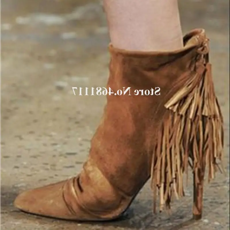 

Tassels Short Modern Women Boots Chic Charming Pointed Toe Suede Leather Slip-on Fringe High Heel Ankle Boots Club Dress Shoes