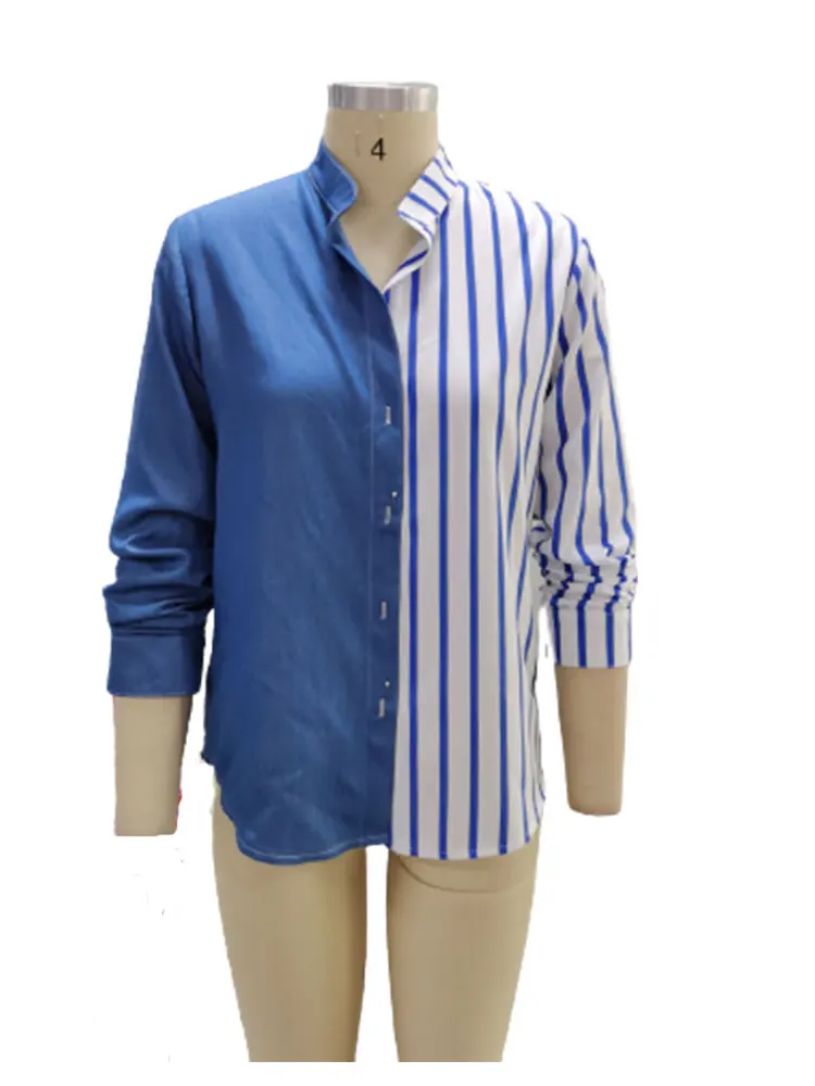 Patchwork Striped Lapel Long-sleeved Top and Bottom Design Summer Women's Casual Workwear V-neck Shirt
Patchwork Striped Lapel Long-sleeved Top and Bottom Design Summer Women's Casual Workwear V-neck Shirt