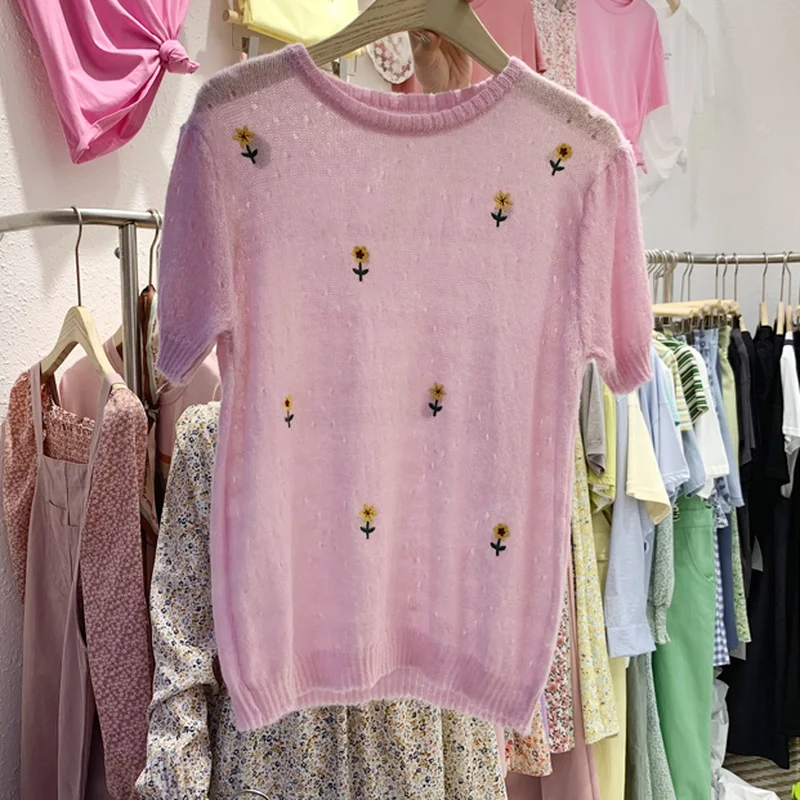 Sweet Print O-neck Knit T Shirt for Women Simple Casual Comfortable Woman Knitted Tshirts Summer Short Sleeve Women Tops
Sweet Print O-neck Knit T Shirt for Women Simple Casual Comfortable Woman Knitted Tshirts Summer Short Sleeve Women Tops