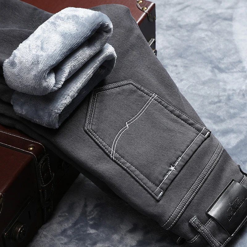 

Мужские теплые джинсы, серые эластичные брюки скинни из джинсовой ткани с бархатной подкладкой, брендовая одежда, для зимы, 2021