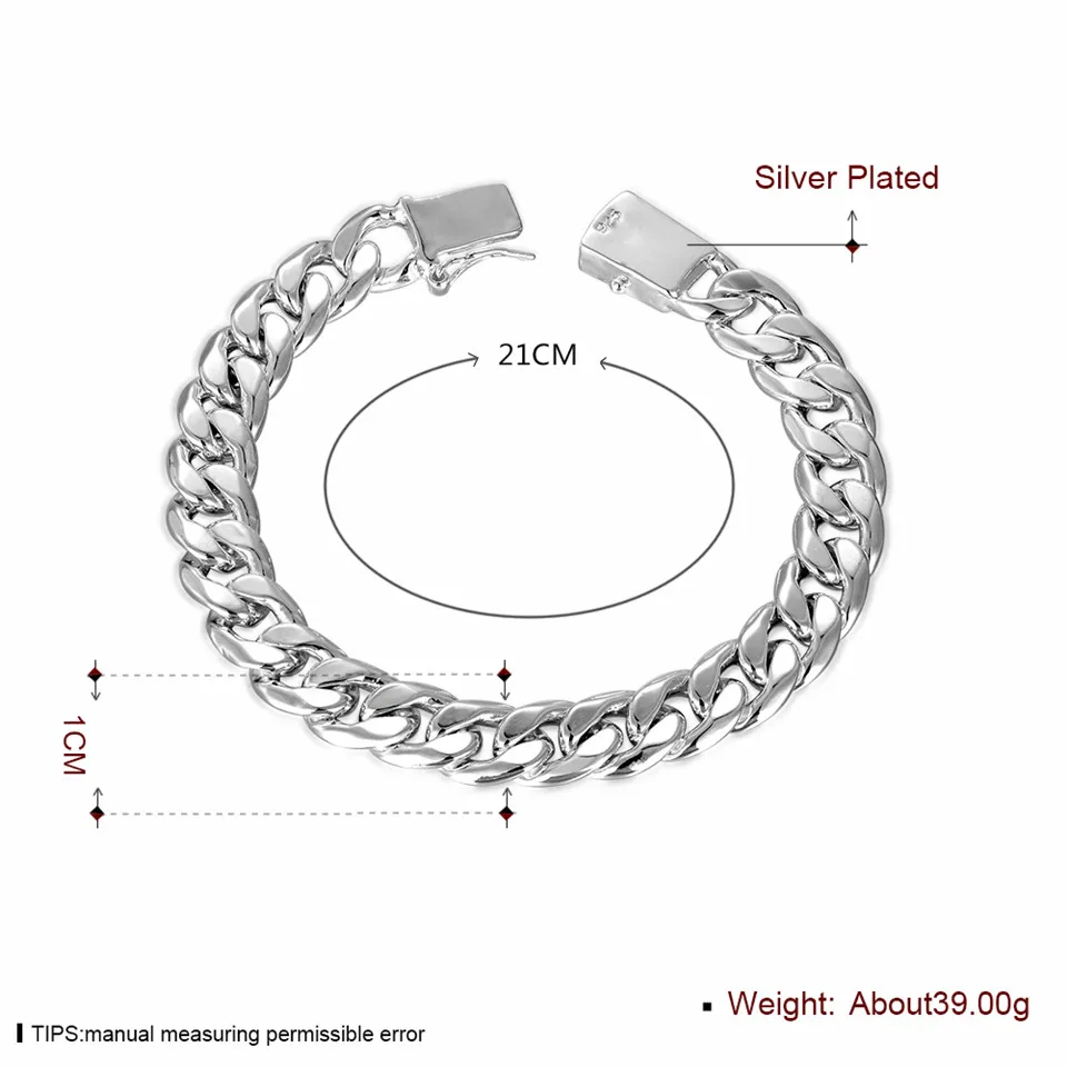 Мода 925 Серебро 10 мм квадратная пряжка мужской браслет классическая цепочка