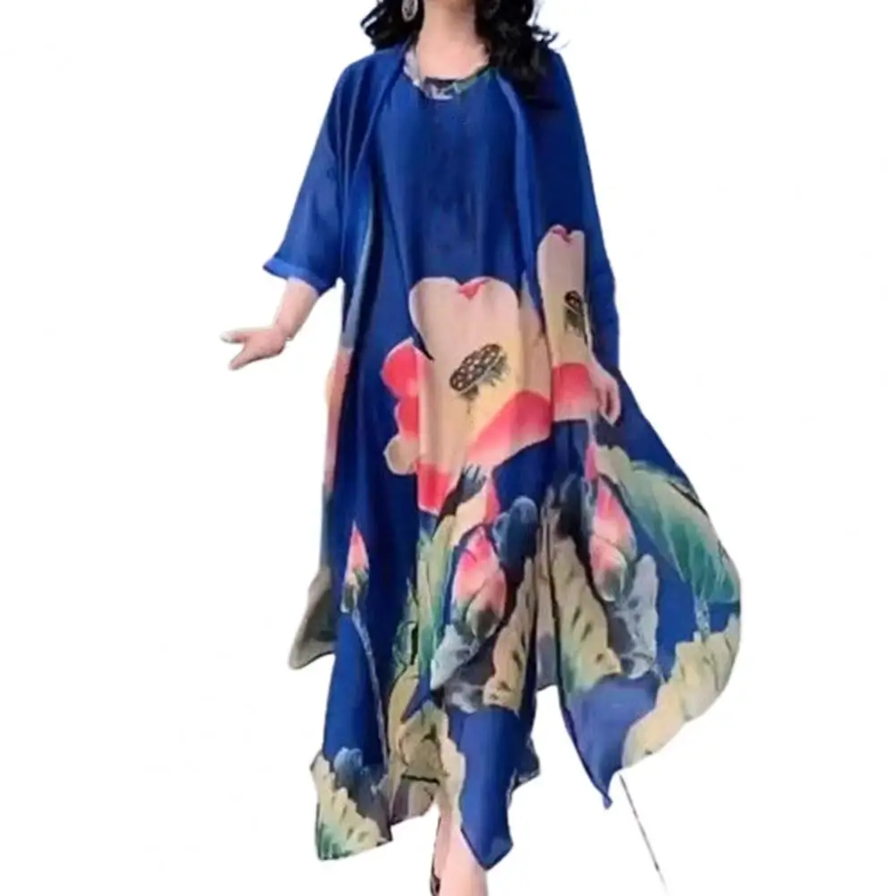 Elegant Women Floral Printed Chinese Style Dress Set Two-Piece Suit Half Sleeve O-Neck Flowy Hem Loose Dress vestidos
Elegant Women Floral Printed Chinese Style Dress Set Two-Piece Suit Half Sleeve O-Neck Flowy Hem Loose Dress vestidos